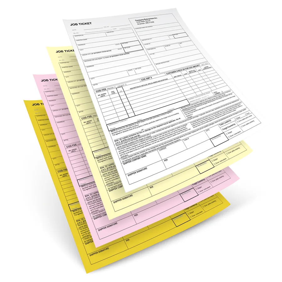 Four part carbonless form set in white, yellow, pink and goldenrod